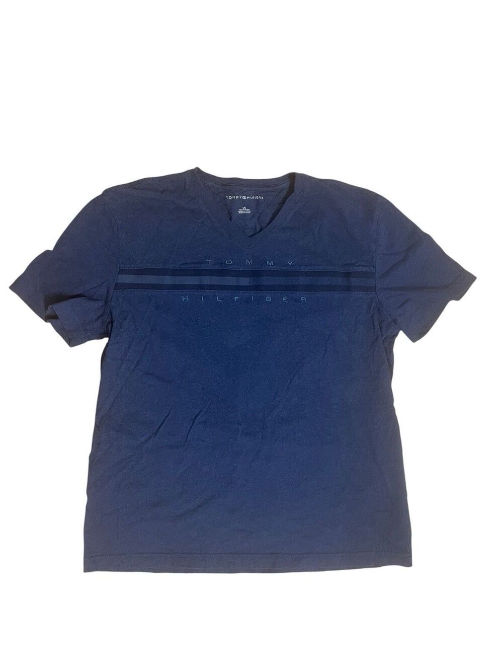 Tommy Hilfiger Men Navy Blue V-Neck T-Shirt Embroidered Spellout Logo Size L